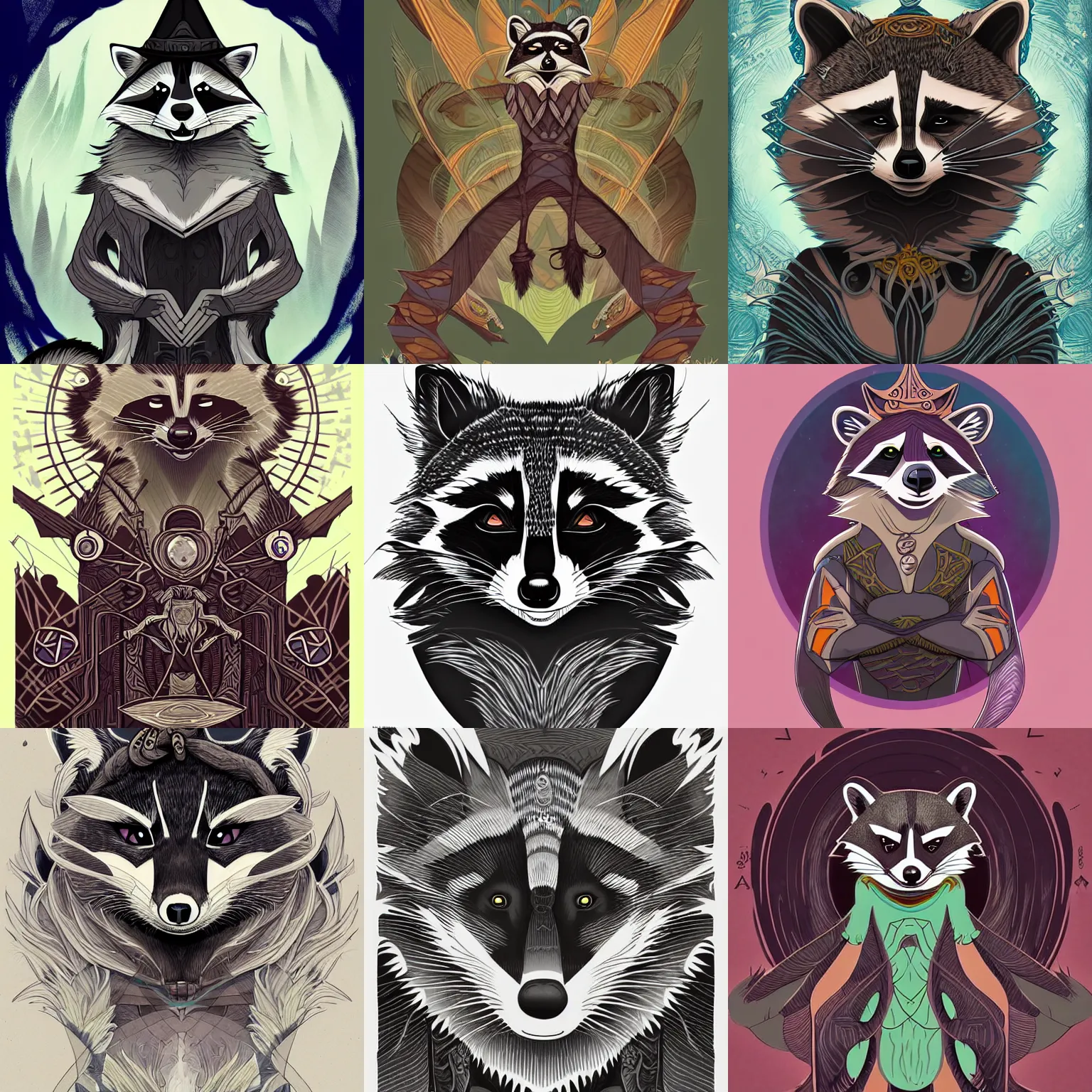 Prompt: an illustration of a raccoon elemental - wizard fantasy - character in the style of art - deco artwork art by kyle ferrin and loish!, digital art, highly detailed, intricate, sharp focus, trending on artstation hq, deviantart, 4 k uhd image