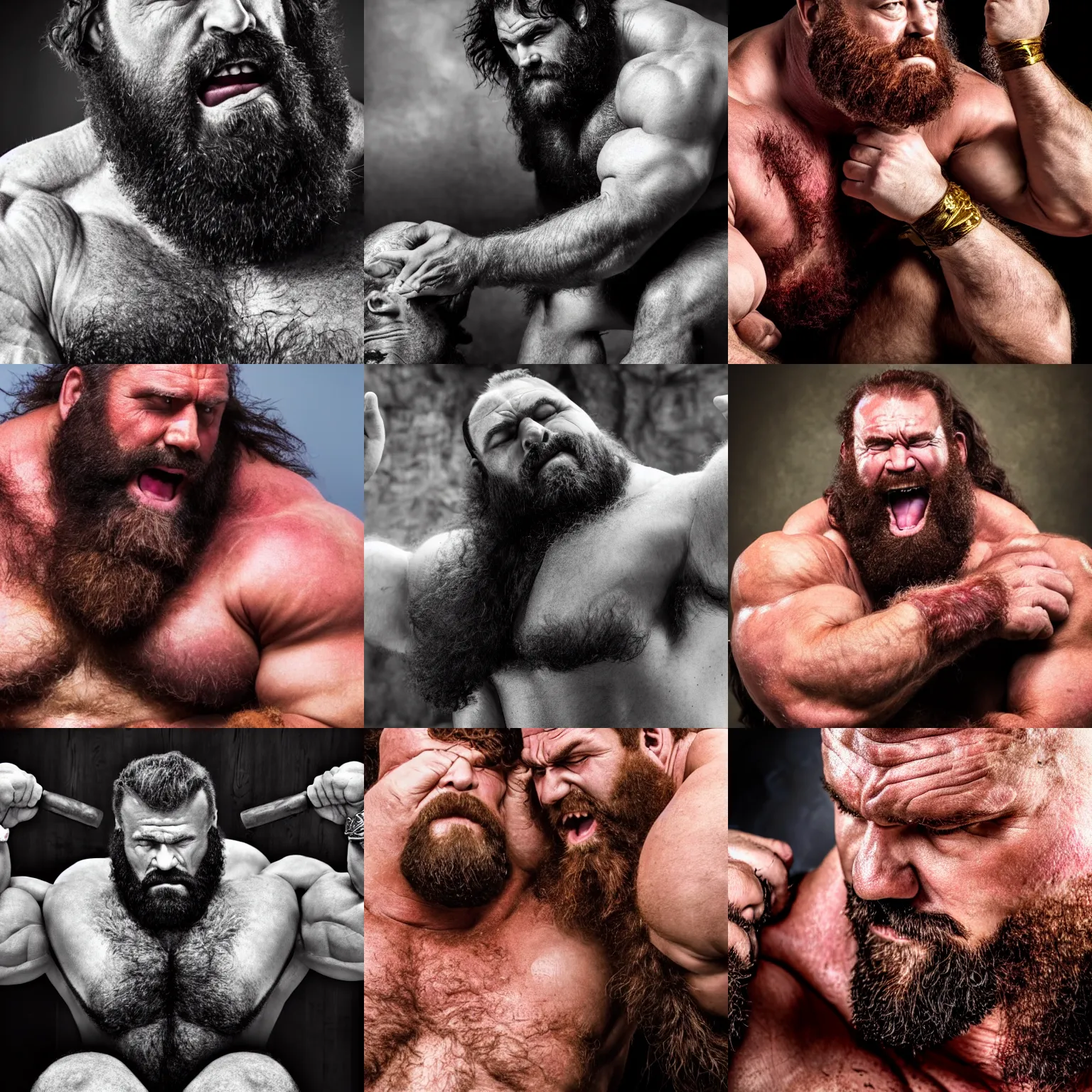 Prompt: big hairy thick masculine barbarian strongman king with massive muscle and dark red hair putting his hand on the head of his lean male servants, photography, highly detailed, epic, high definition, 4 k, 8 k, dad energy