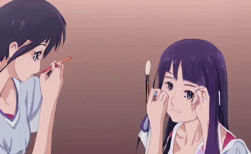 Prompt: An anime girl putting on makeup, the colors making her eyes pop, anime scene by Makoto Shinkai, digital art