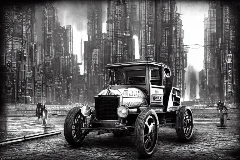 Prompt: cyberpunk 1 9 0 8 model ford t by paul lehr, metropolis, vintage, solar, black and white photo