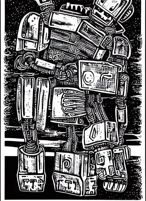 Prompt: !dream warrior robots by Julie de Graag, linocut print