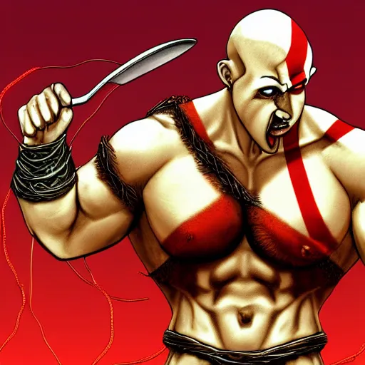 Prompt: kratos wearing a bikini and eating spaghetti, detailed digital art