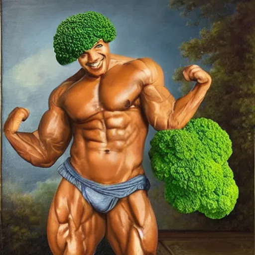 Image similar to a bodybuilder with a broccoli head in Rococo art