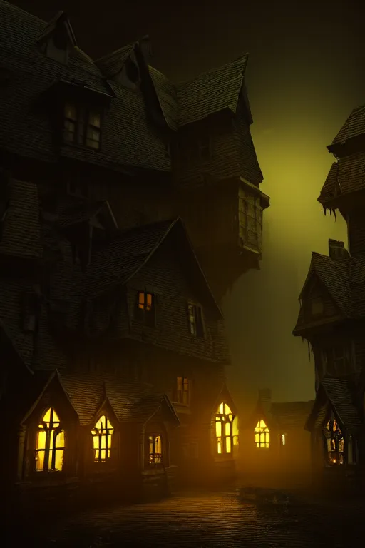 Image similar to a dark haunted village at night with glowing windows, shadows being casted, and silhouettes in the door way, hyper realistic, ambient lighting, concept art, intricate, hyper detailed, smooth, dynamic volumetric lighting, octane, raytrace, cinematic, high quality, high resolution, 4 k, artstation