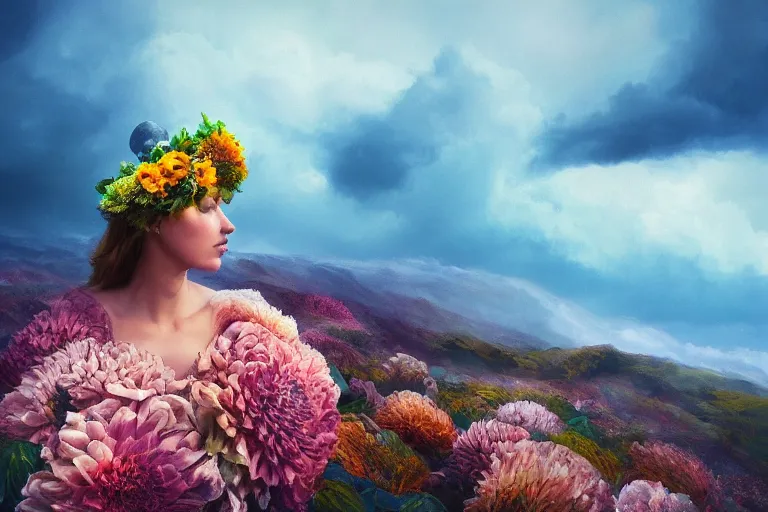 Prompt: giant dahlia flower crown under head, bust girl on mountain, surreal photography, blue storm clouds, dramatic light, impressionist painting, digital painting, artstation, simon stalenhag
