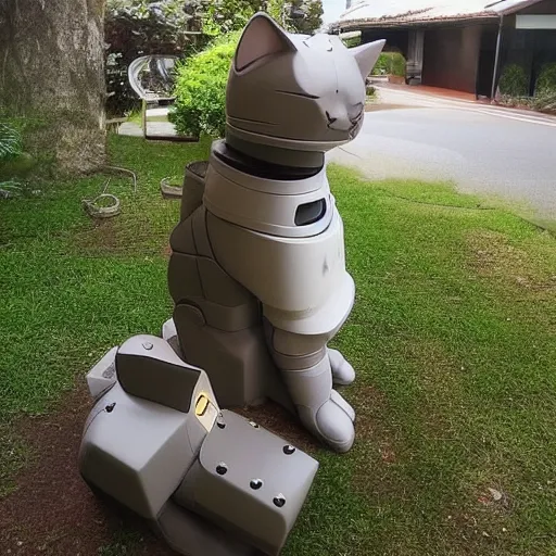 Image similar to a cat sitting on top of a robot suit, a statue by Studio Ghibli, featured on reddit, mingei, made of cardboard, sci-fi, futuristic