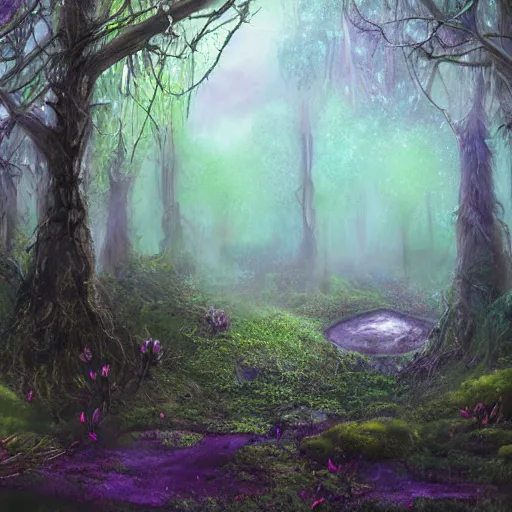 Prompt: an ethereal misty fairy swamp, fantasy illustration