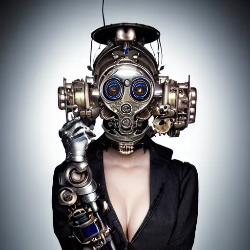 Image similar to a beautiful intricate fine art portrait photo of a mechanical industrial steampunk cybernetic sommelier, by natalie shau and zach sutton, perfection!, studio lighting, 35mm lens, very detailed, ring light in the eyes, bionic, cybernetic scifi, deep depth of field, artstation, 8K, highly coherent