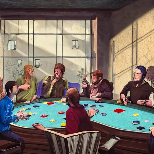 Image similar to A group of people playing poker at a poker table in the middle of an abandoned building, big room, with vines and plants growing out of cracks, broken walls and ceiling with natural light shining through, the light shows dust in the air, digital art, award winning art, 8k