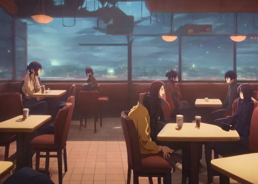 Prompt: an interior of wizards inside a diner with coffee on the table, makoto shinkai, smoky, matte painting