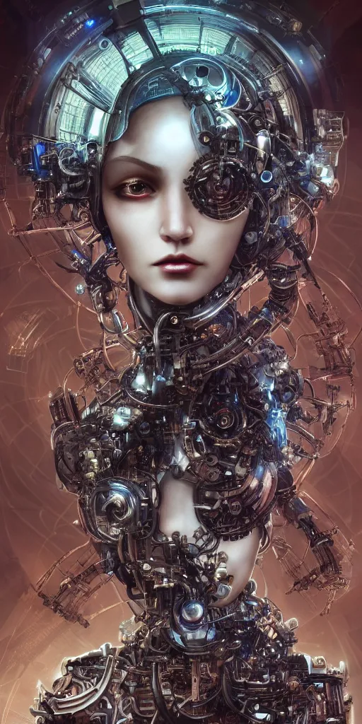 Prompt: a lovely mechanical girl beautiful face, scifi, futuristic, utopian, machine parts, body parts, wires, circuits, highly detailed, octane render, cinematic, ayami kojima, karol bak, greg hildebrandt, and mark brooks, hauntingly surreal, gothic, highly detailed and intricate, rich deep colors.