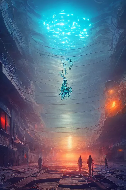 Image similar to hyperrealistic cinematic underwater dystopian futurist city ruins with giant bioluminescent multicolored mutant fish and cyborg jellyfish, digital art masterpiece, aykut aydogdu eric zener, very dramatic volumetric light, long shot, ground angle uhd 8 k, deep focus