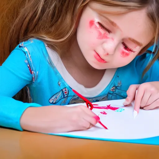 Prompt: upset blonde 5yo girl in light-blue shirt, tiny bow in bob hairstyle, sobbing and crying with tears and drawing with red crayon, realistic photo