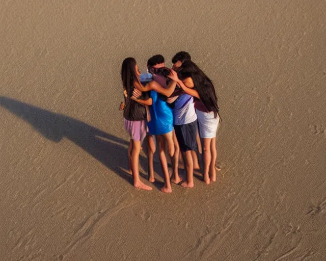 Image similar to family portrait of a group of people hugging each other, standing on top of a sandy beach, a stock photo by demetrios farmakopoulos, shutterstock contest winner, photo taken with canon