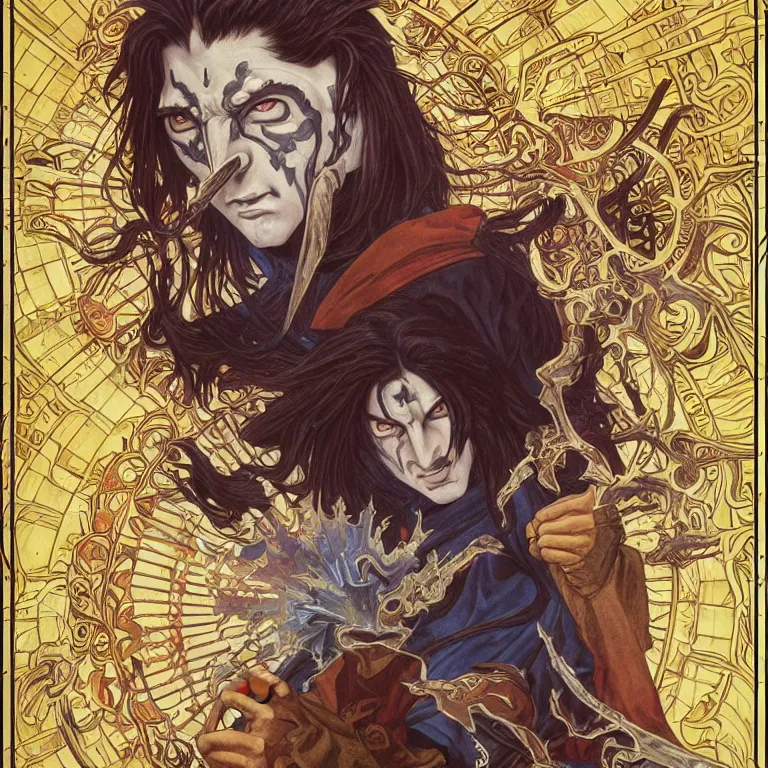 Image similar to portrait of Madara Uchiha by Jeff Easley and Peter Elson + beautiful eyes, beautiful face + symmetry face + border and embellishments inspiried by alphonse mucha, fractals in the background, galaxy + baroque, gothic, surreal + highly detailed, intricate complexity, epic composition, magical atmosphere + masterpiece, award winning + trending on artstation