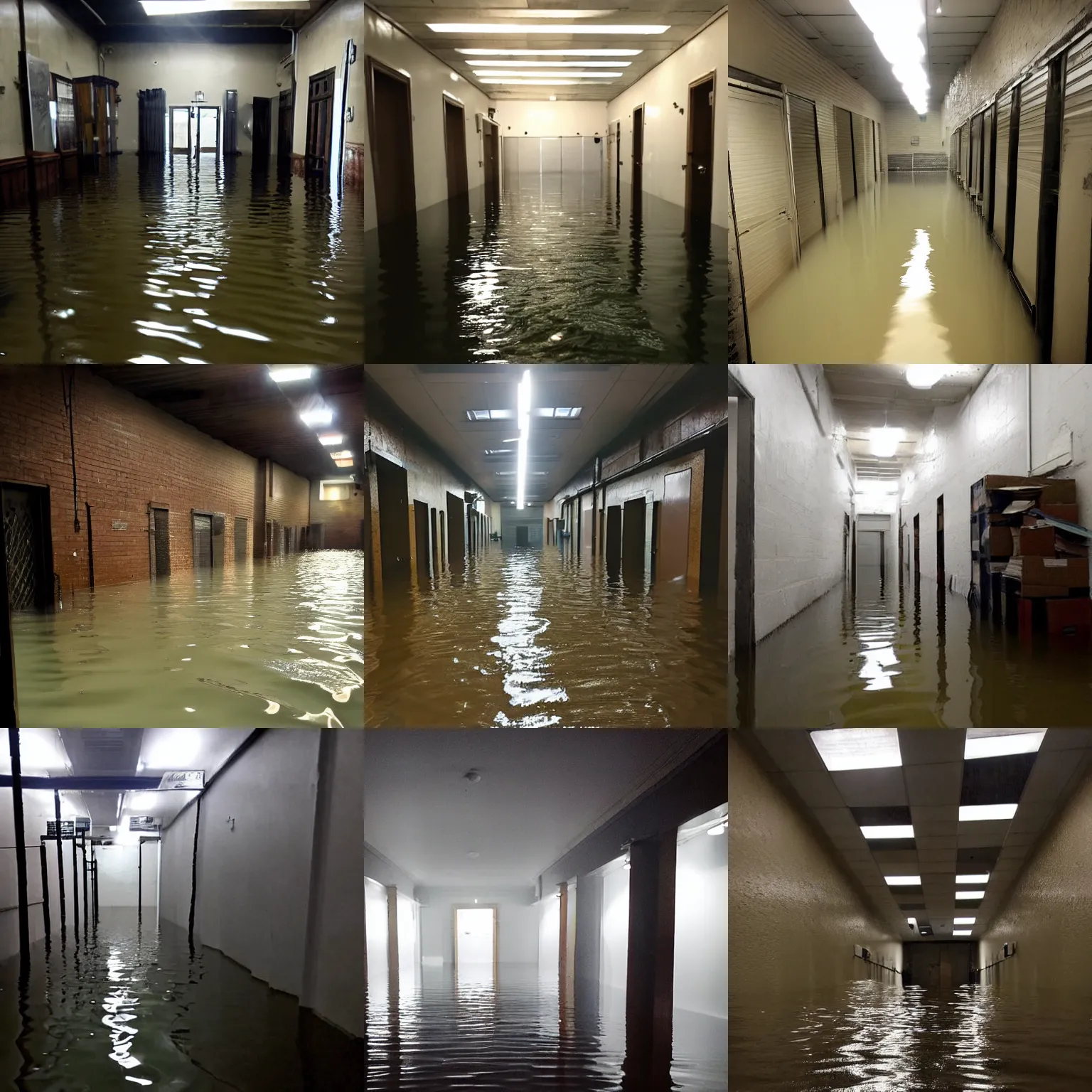 Prompt: a photo of the backrooms flooded, eerie lighting.