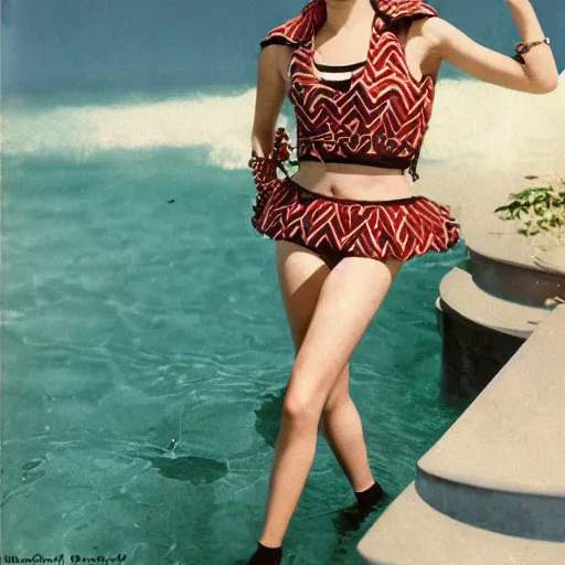 Prompt: a vintage 1 9 4 0 s kodachrome photograph of a avent - gard fashion haute couture collection swimming outfit ensemble inspired by the norse god, freyja.