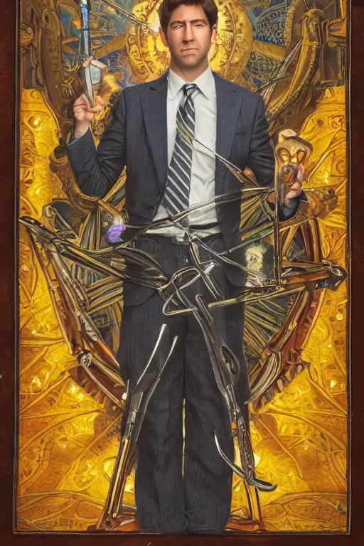 Prompt: beautiful tarot card of Jim Halpert, oil on canvas, intricate, symmetrical, portrait, 8k highly professionally detailed, HDR, CGsociety