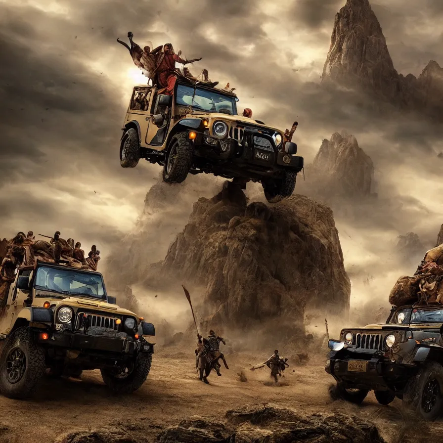 Prompt: Mahindra thar, tribe members attacking, action scene, an epic fantasy, dramatic lighting, cinematic, establishing shot, extremely high detail, photorealistic, cinematic lighting, artstation, by christopher nolan, horizon forbidden west