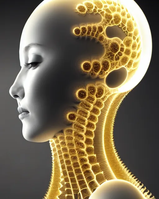 Prompt: white background, halo, dreamy foggy elegant soft luminous bw profile face 3 d render of a beautiful young golden biomechanical - female - cyborg with a delicate detailed gold mandelbrot fractal texture skin and a very long neck with white gothic pearl embroidered collar, white smoke atmosphere, rim light, hg giger, 8 k