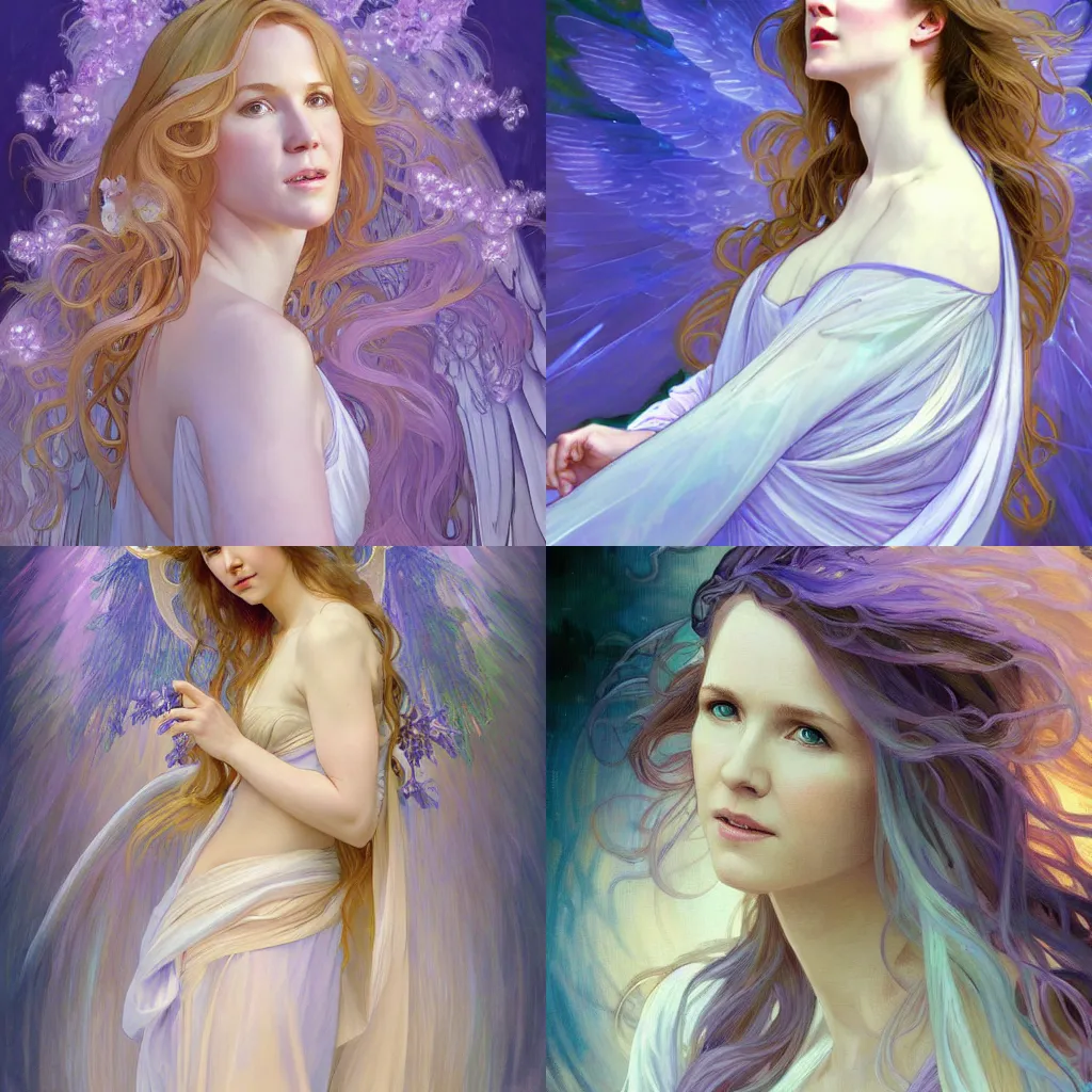 Prompt: stephanie march as an angel, digital portrait with high quality brushstrokes and ethereal lighting, flowing hair, lavender and periwinkle tones, alphonse mucha, wlop, Janice Sung, artstation, deviantart, pixiv