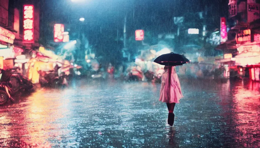 Image similar to street of hanoi, photography, night, rain, mist, a girl with pink hair, cinestill 8 0 0 t, in the style of william eggleston