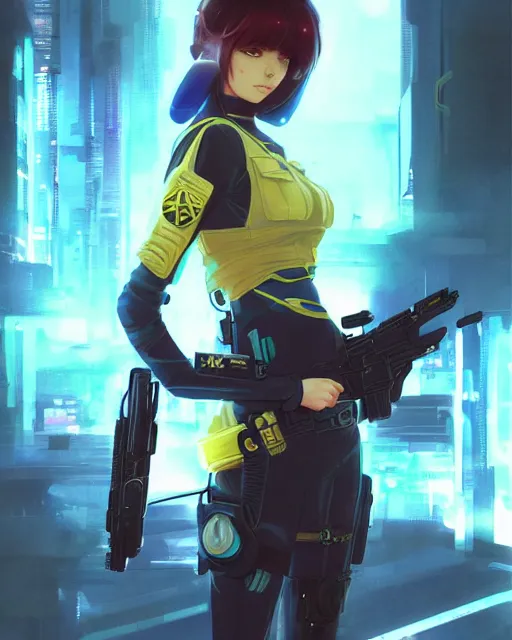 Image similar to anime key visual of a young female police officer, neon, cyberpunk, futuristic, stunning, highly detailed, digital painting, artstation, smooth, soft focus, illustration, art by artgerm and greg rutkowski and alphonse mucha