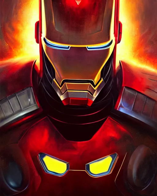 Image similar to a highly detailed portrait of a sinister Donald Trump as Iron Man, evil pose, by greg rutkowski and android jones in a surreal portrait style, oil on canvas, ancient cyberpunk 8k resolution, masterpiece