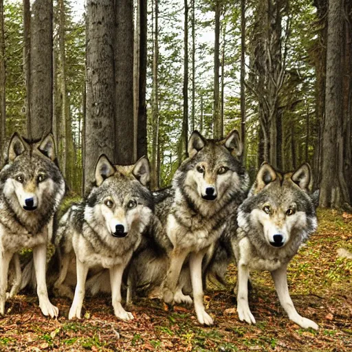 Prompt: a pack of wolves in the in a forest
