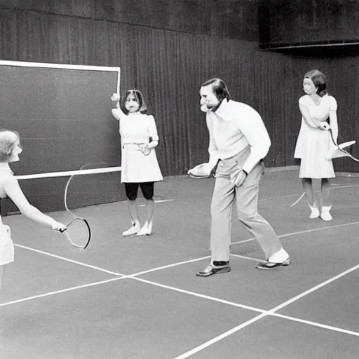 Prompt: 1970s game show ducks playing badminton