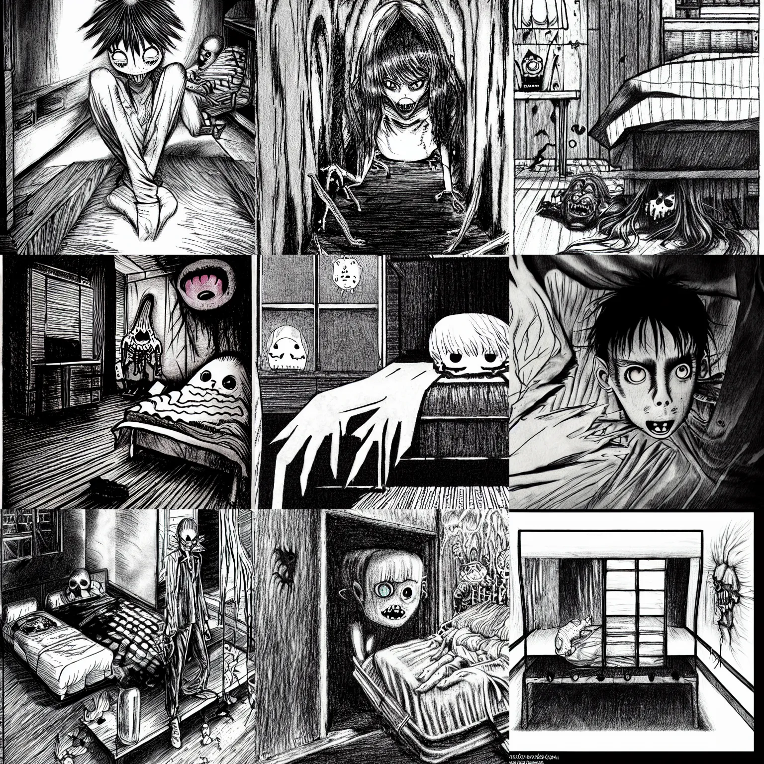 Prompt: A monster under the bed, horror, creepy, dark, manga, hq, pencil, inspired by junji ito, superior quality, masterpiece