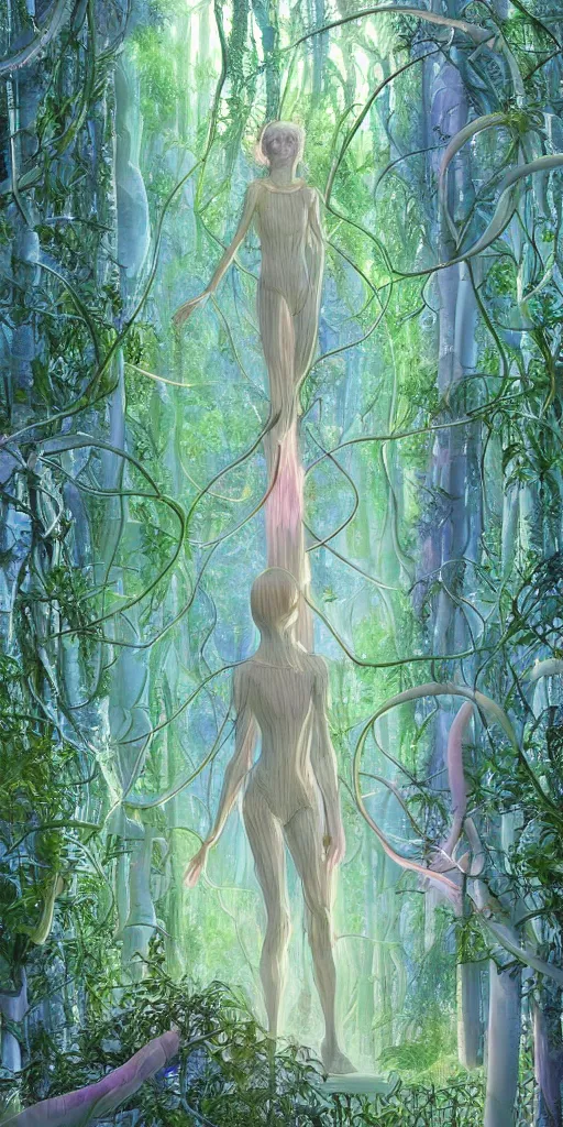 Prompt: hyperrealistic shining transparent person at mystical blue color scheme exotic forest, white pink glowing foliage, large tall trunks trees, intricate hanging vines, moss by miyazaki, nausicaa ghibli, moebius