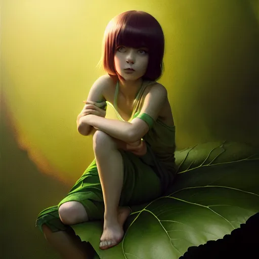 Image similar to very very small little girl by tom bagshaw, sitting on a gigantic green leaf by ilya kuvshinov, rtx rendering, octane render 1 2 8 k, maya, extreme high intricate details by wlop, digital anime art by ross tran, medium shot, close up shot, composition by sana takeda, lighting by greg rutkowski