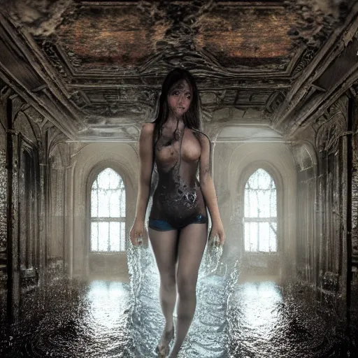 Image similar to hyper realistic, faded picture, woman, intricate detail castle basement, veins, slime, oozing puddles, wet, meat, 4 k