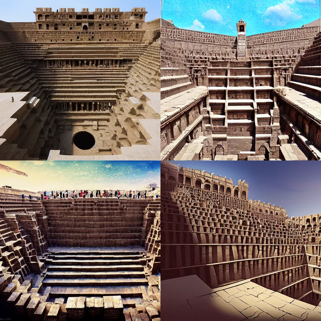 Prompt: The Chand Baori, by MC Echer, matte painting