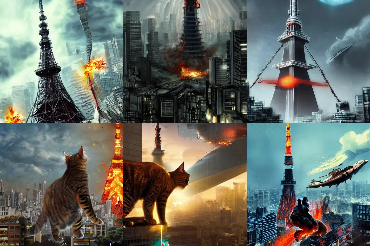 Prompt: Giant cat destroying Tokyo tower, action movie poster, by Jim burns, pieter claesz, 4K, 8k, digital art, artstation, cgstudio