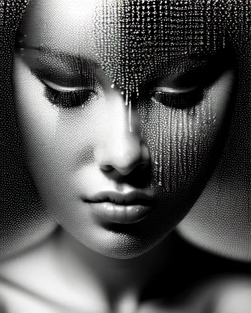 Prompt: black and white dreamy spiritual female water - cyborg high quality portrait photo, microchip leaves, artificial intelligence, cinematic, rim light, photo - realistic, elegant, high detail, 8 k, masterpiece, high fashion, in the style of man ray