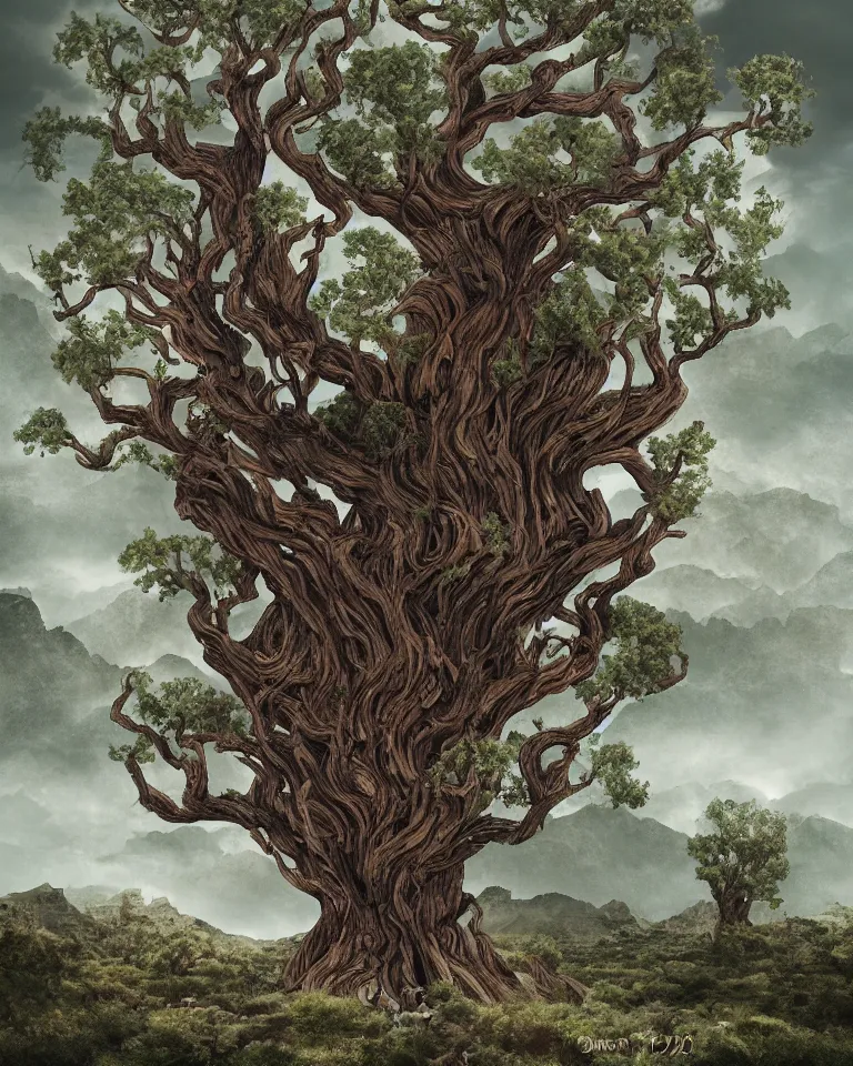 Prompt: Book cover artwork of a mythical wretched tree made of humans growing in the middle of a desert canyon seen from afar.
