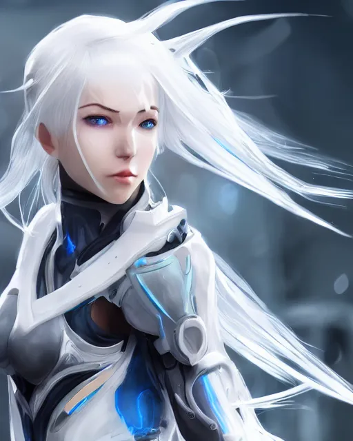 Image similar to perfect white haired girl, warframe armor, beautiful, dreamy, half asian, pretty face, blue eyes, detailed, windy weather, scifi platform, laboratory, experiment, 4 k, ultra realistic, epic lighting, cinematic, high detail, masterpiece, akihito tsukushi