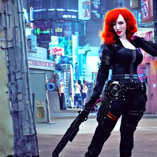 Image similar to full body photo of christina hendricks as a cyberpunk warrior with weapons by Sakimichan trending on Deviantart