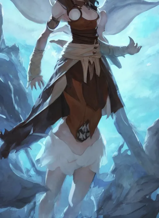 Image similar to concept art painting of a woman with brown skin and short white hair, demon horns, elf ears, full clothing, blue clothes, robes, detailed, cel shaded, in the style of ruan jia and artgerm and makoto shinkai and james gurney