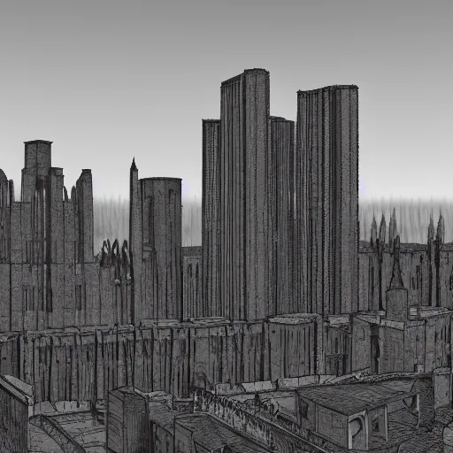 Prompt: a megalopolis in the style of brutalist gothic architecture