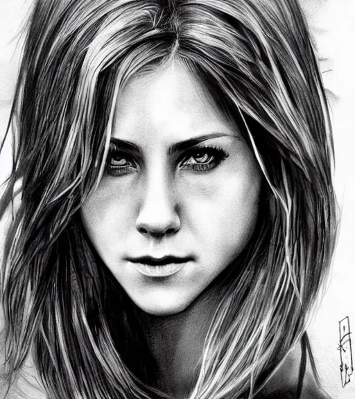 Image similar to aniston, beautiful piercing eyes, realistic face, black and white drawing, in the style of greg rutkowski, fantasy, amazing detail, epic, intricate, elegant, smooth, sharp focus