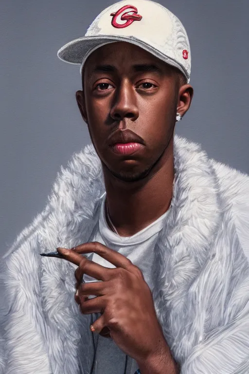 Image similar to photorealistic portrait of tyler the creator with baseball hat, staring directly into camera, intricate, elegant, glowing lights, highly detailed, digital painting, artstation, sharp focus, illustration, art by wlop, mars ravelo and greg rutkowski