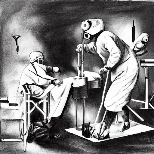 Prompt: doctor performing surgery on a rocket, monochrome painting