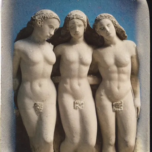 Prompt: Polaroid photo of fragmented greek sculpture of three idealized female inside a temple