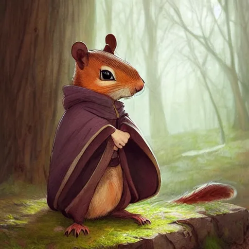 Prompt: Anthropomorphic squirrel in Cloak by rossdraws,greg rutkowski,and Sarah Andersen,ambient style, very detailed,detailed armor,detailed