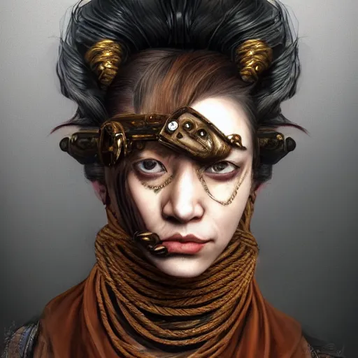 Image similar to portrait of a Shibari rope wrapped face and neck, headshot, insanely nice professional hair style, dramatic hair color, digital painting, of a old 15th century, old cyborg merchant, amber jewels, baroque, ornate clothing, scifi, realistic, hyperdetailed, chiaroscuro, concept art, art by Franz Hals and Jon Foster and Ayami Kojima and Amano and Karol Bak,