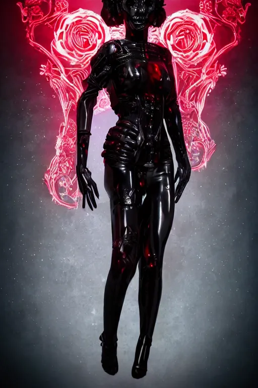 Image similar to full-body cyberpunk style sculpture of a young beautiful dark priestess, half android with a head opening exposing circuitry, glowing red eyes, black roses, flowing blood red colored silk, fabric, candles, baroque elements, human skull, full-length view, baroque element. intricate artwork by Caravaggio. crows flying in background. Trending on artstation, octane render, cinematic lighting from the right, hyper realism, octane render, 8k, depth of field, 3D