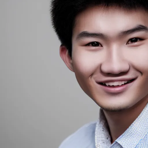 Prompt: Extremely detailed, high-resolution, coherent, realistic face of a babyfaced 20 year old Hong Kong male, smiling, studio photography